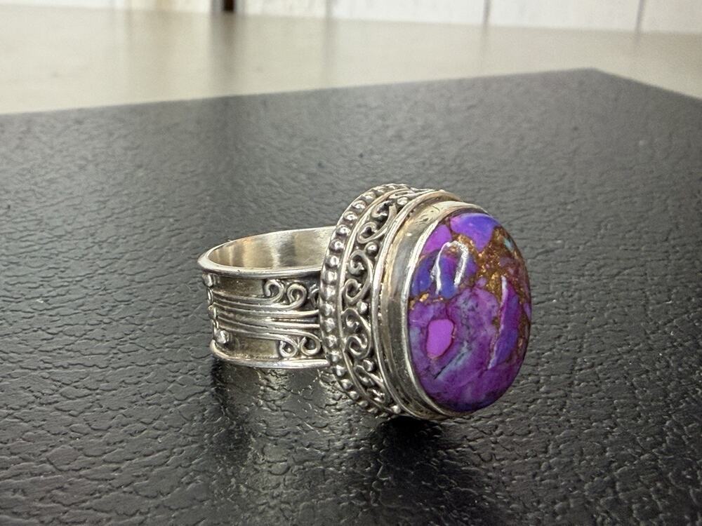 Purple Copper Turquoise Gemstone Ring 925 Sterling Silver Ring Scroll Band 8.5